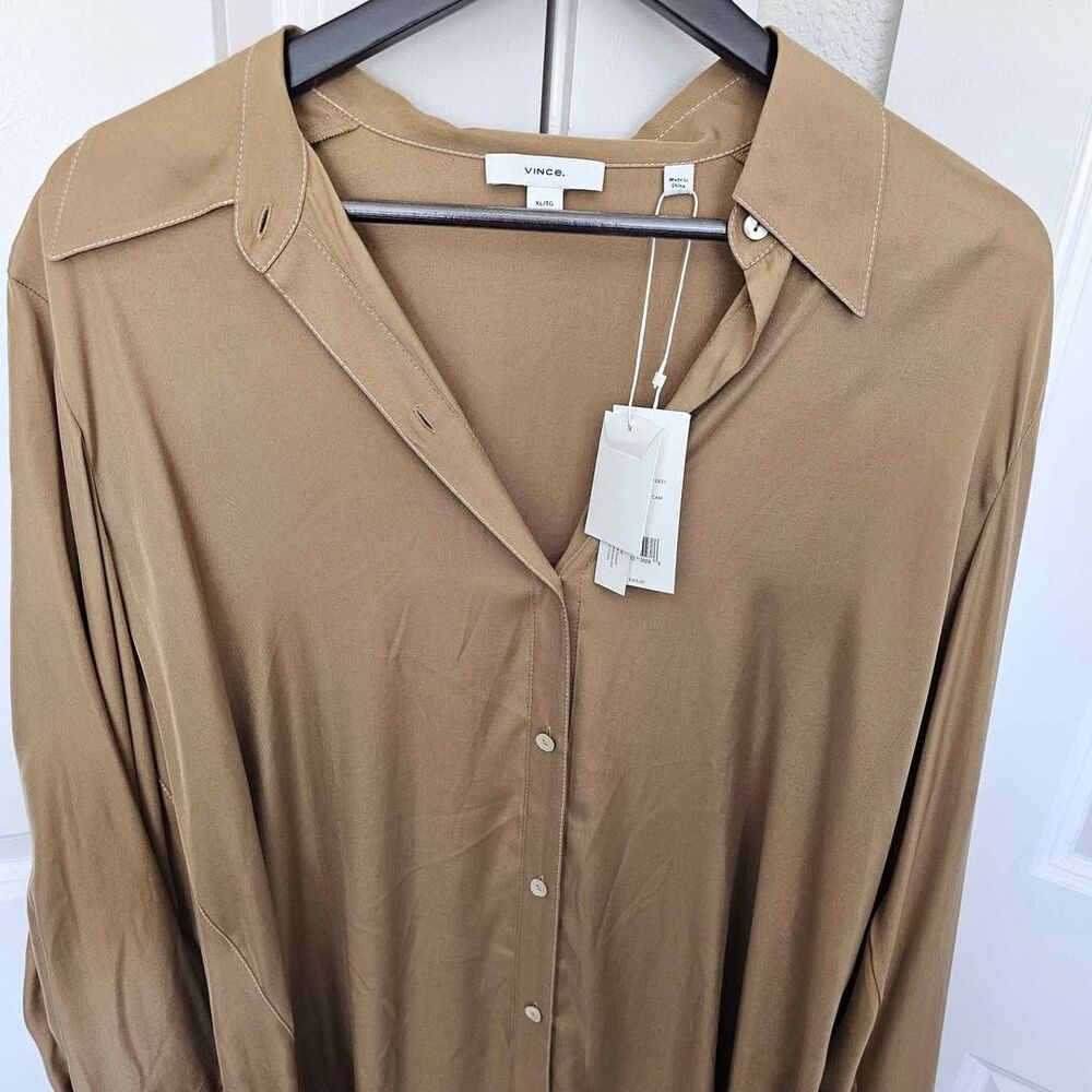 Vince Seamless Silk Button-Up Shirt – Brown | Size XL | NWT